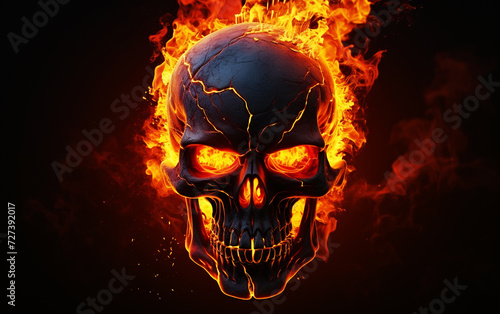 Dark Inferno: High Detail Flaming Skull on Black Background