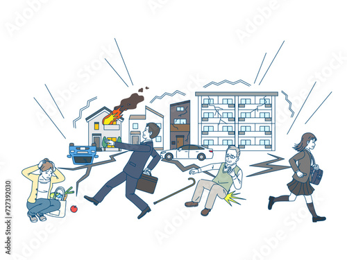 大地震が発生しパニックになる人々のイラスト