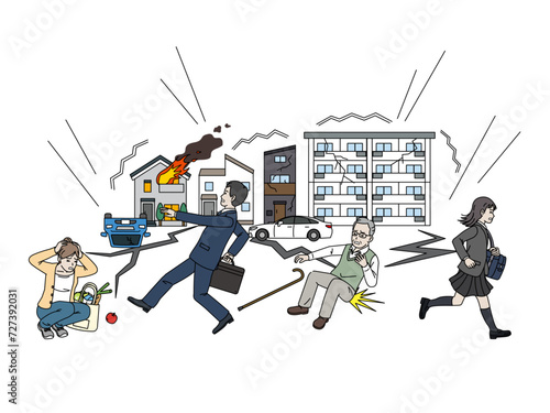 大地震が発生しパニックになる人々のイラスト