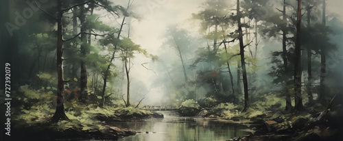 Painted fog forest and river with bridge. Digital art banner