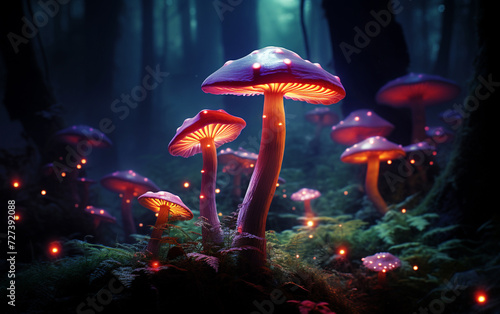 Luminous Woodland: High Detail Glowing Mushrooms in a Mystical Forest Setting