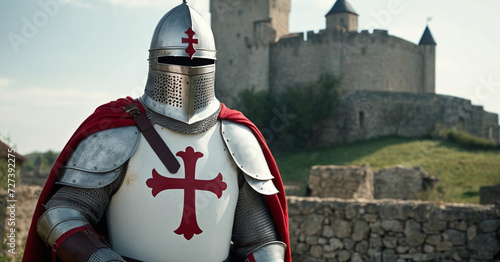 Templar knight wearing an armor with a red Knights Templar cross  on it, medieval times with an army photo