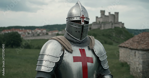 chistian knight wearing an armor with a red christian cross on it, medieval times with an army, castle village or town background