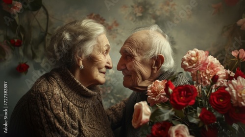Elderly couple in love hugging on Valentine's day. A loving senior husband gives his wife a tender bouquet of flowers
