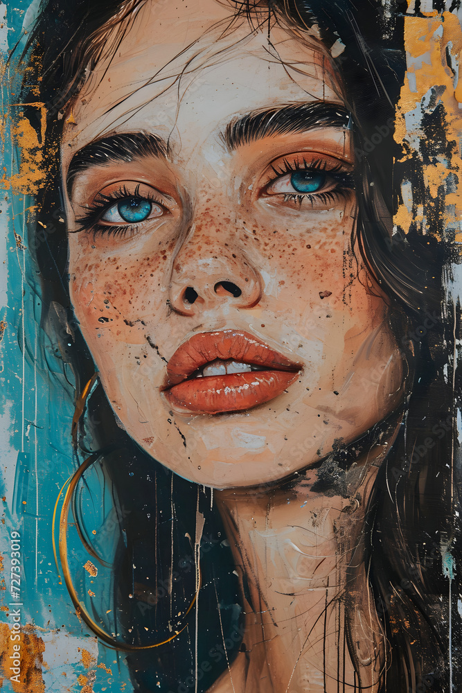 Freckled Woman Portrait Painting. Generative AI
