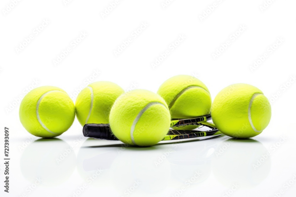 A photo of a group of tennis balls neatly arranged on the top of a tennis racket, Tennis balls on rackets in different positions, white background, AI Generated