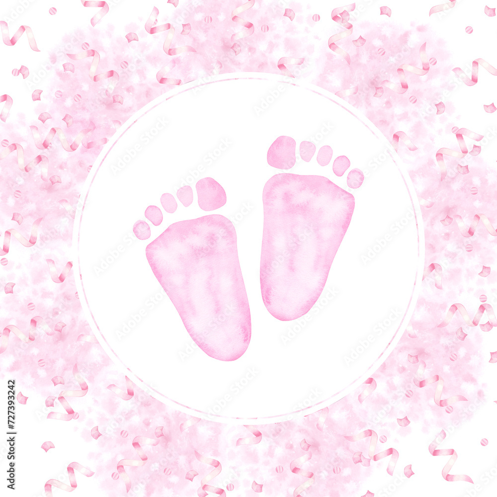 Pink round frame, little girl footprints. Hand drawn watercolor illustration isolated on white background. Gender reveal party, baby shower, newborn products. Template for invitation, postcard, logo Pink round frame, little girl footprints. Hand drawn watercolor illustration isolated on white background. Gender reveal party, baby shower, newborn products. Template for invitation, postcard, logo