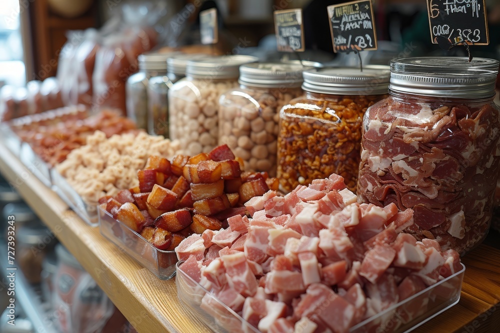 Indoor market display of various preserved meats and delicacies, including frozen snacks, offers a feast for the senses and a glimpse into the world of food storage