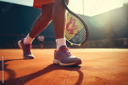 A close-up photo capturing a person tightly gripping a tennis racket in preparation for a game, Tennis players strike the ball with a racket, side view, AI Generated © Iftikhar alam