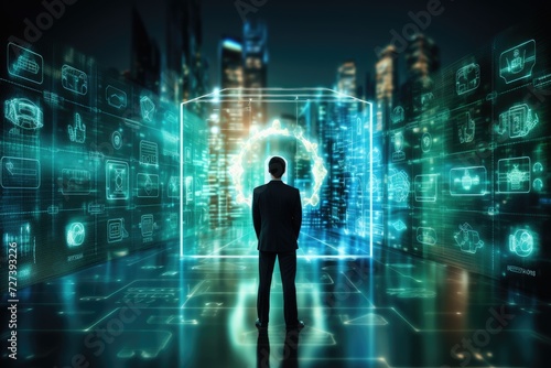 Businessman Standing in Front of Futuristic Cityscape, The concept of cyber security, data protection, business technology, and privacy is presented on a virtual screen, AI Generated
