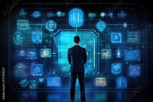 Man Standing in Front of Futuristic Display, The concept of cyber security, data protection, business technology, and privacy is presented on a virtual screen, AI Generated © Iftikhar alam