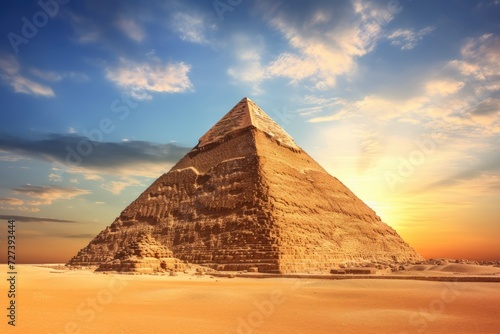 Behold a towering pyramid that dominates the vast desert landscape  The Great Pyramid of Khafre  also known as the Pyramid of Khafre  located in Giza  Egypt  AI Generated