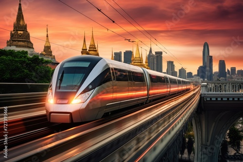 A high speed train races through a bustling city, leaving a trail of motion blur in its wake, The high-speed train in Bangkok, Thailand, races through the city, AI Generated