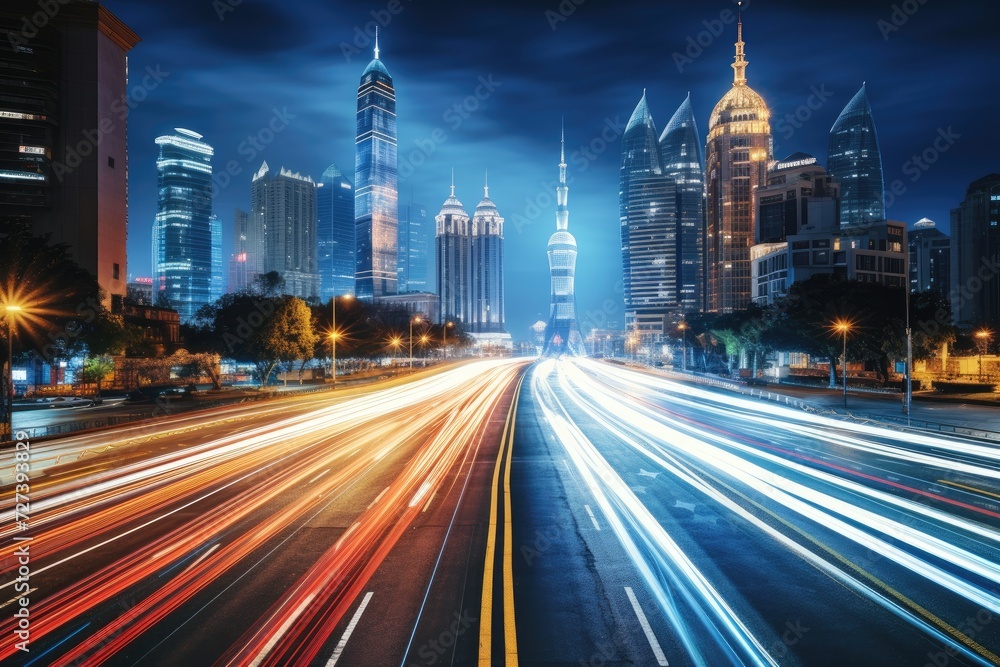 A city street with heavy traffic and bright lights, bustling with cars and buses at night, The light trails on a modern building background in Shanghai, China, AI Generated