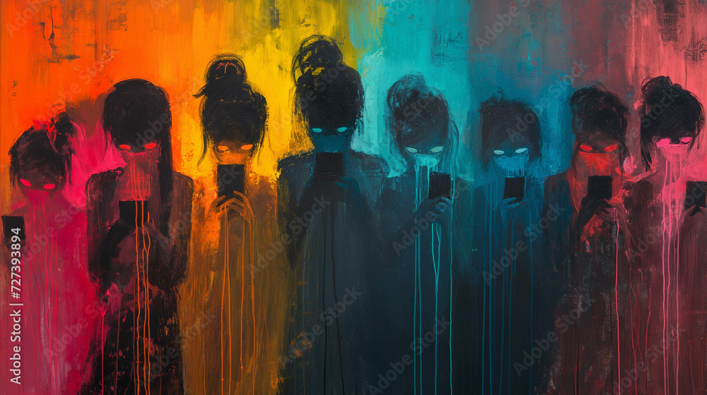 kids obsessed with their phones, teens addicted to smartphones and social media, abstract painting - obrazy, fototapety, plakaty 