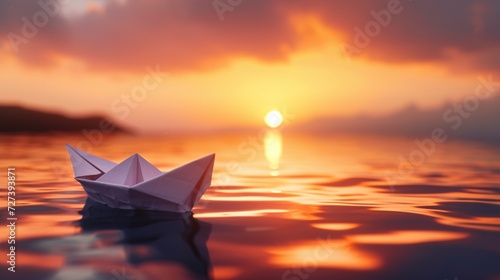 A paper toy boat floating in the water against a sunset backdrop