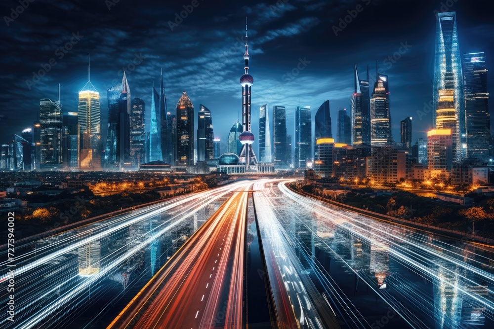Nighttime City Skyline With Captivating Long Exposure Effect, The Shanghai city skyline and expressway at night in China form a captivating urban landscape, AI Generated