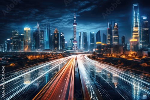 Nighttime City Skyline With Captivating Long Exposure Effect  The Shanghai city skyline and expressway at night in China form a captivating urban landscape  AI Generated