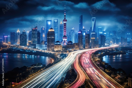 A Vast Urban Landscape of Towering Skyscrapers and Bustling Streets  The Shanghai city skyline and expressway at night in China form a captivating urban landscape  AI Generated