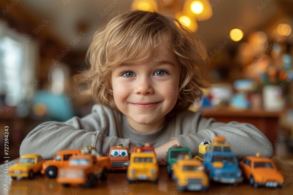 A cheerful toddler poses with his favorite toy car, radiating pure joy and innocence as he sits in front of a land vehicle, showcasing his love for all things on wheels