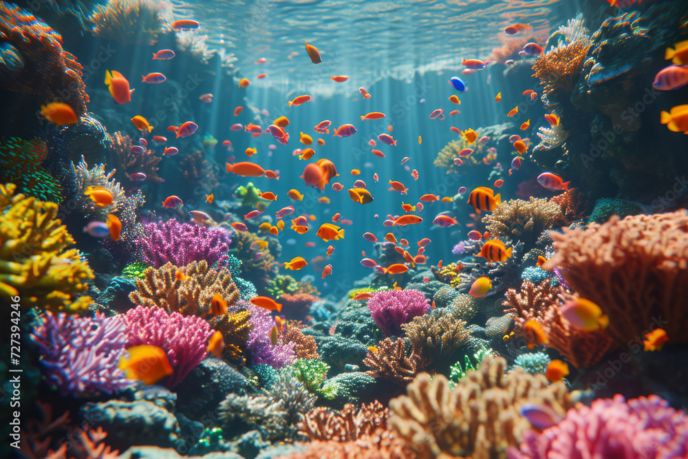Fototapeta premium A digital animation depicting the bustling activity of a coral reef. Concept of marine life's diversity and vibrancy. Generative Ai.