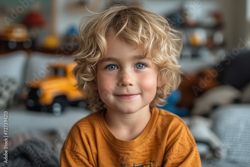 A joyful young boy with bright blue eyes and a beaming smile, wearing a yellow shirt, poses for a portrait indoors, showcasing his innocence and purity