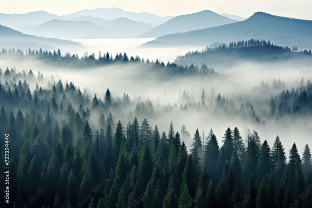 A serene forest filled with dense trees covered in fog creates a captivating atmosphere, Thick fog covering a dense coniferous forest, seen from a bird's eye view, AI Generated