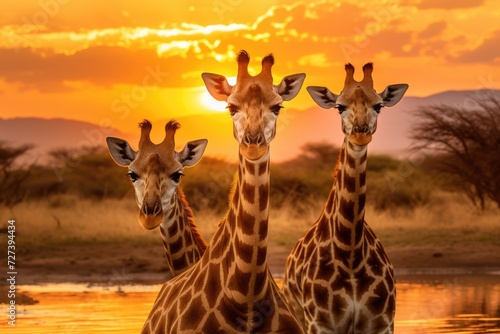 A photo capturing the beautiful sight of a couple of giraffes standing side by side in a natural field setting, Three giraffes in Serengeti National Park, Tanzania, grace the landscape, AI Generated © Iftikhar alam