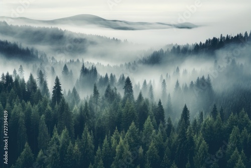 A mysterious forest covered in dense fog, creating a mesmerizing and mystical atmosphere, Thick fog covering a dense coniferous forest, seen from a bird's eye view, AI Generated © Iftikhar alam