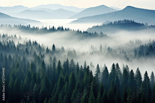 A serene forest filled with dense trees covered in fog creates a captivating atmosphere  Thick fog covering a dense coniferous forest  seen from a bird s eye view  AI Generated