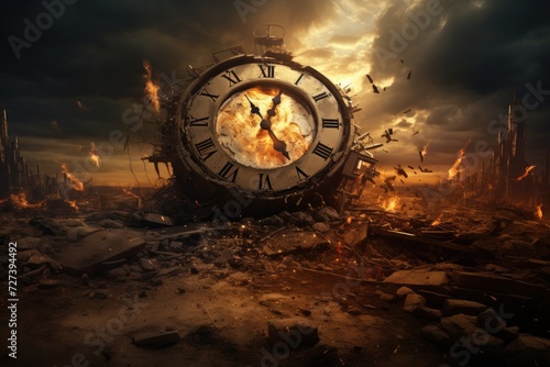 A striking image displaying a sizable clock precariously perched atop a chaotic stack of debris and ruin, Time getting destroyed, AI Generated