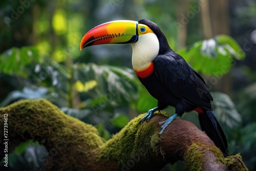 A vibrant toucan sits elegantly on a sturdy branch amidst the lush greenery of the jungle, Toucan spotted in the jungle, showcasing tropical birds in their natural habitat, AI Generated © Iftikhar alam