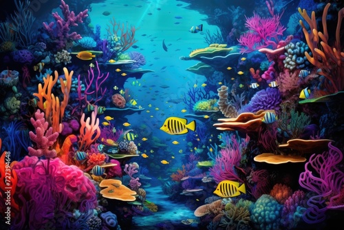 A captivating painting showcasing a vibrant underwater world teeming with fish and corals, Tropical coral reefs and marine life with colorful fishes, AI Generated