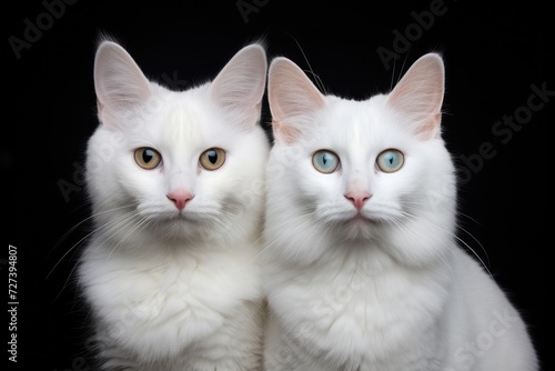 Two beautiful white cats with mesmerizing blue eyes peacefully sitting side by side, Two white cats against a black background with a designated space for your text, AI Generated