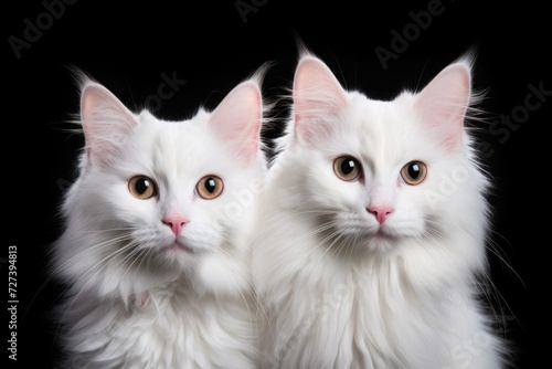 Two adorable white cats peacefully sitting side by side, their eyes gazing contentedly into the distance, Two white cats against a black background with a designated space for your text, AI Generated