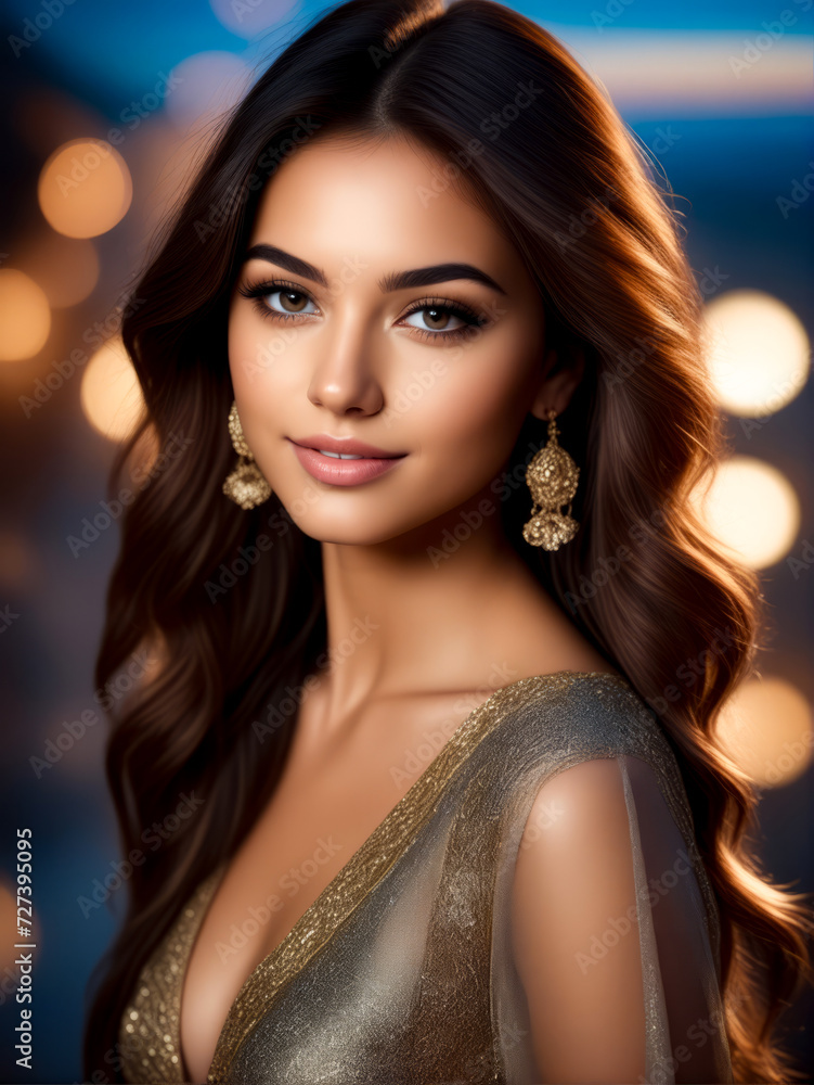 Painting of woman in gold dress with earrings on her head. Painting of woman in gold dress with earrings on her head.