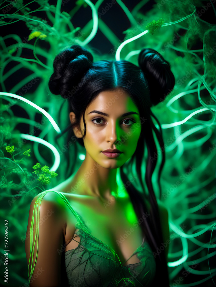 Painting of woman with long hair and green dress with flower in her hair. Painting of woman with long hair and green dress with flower in her hair.