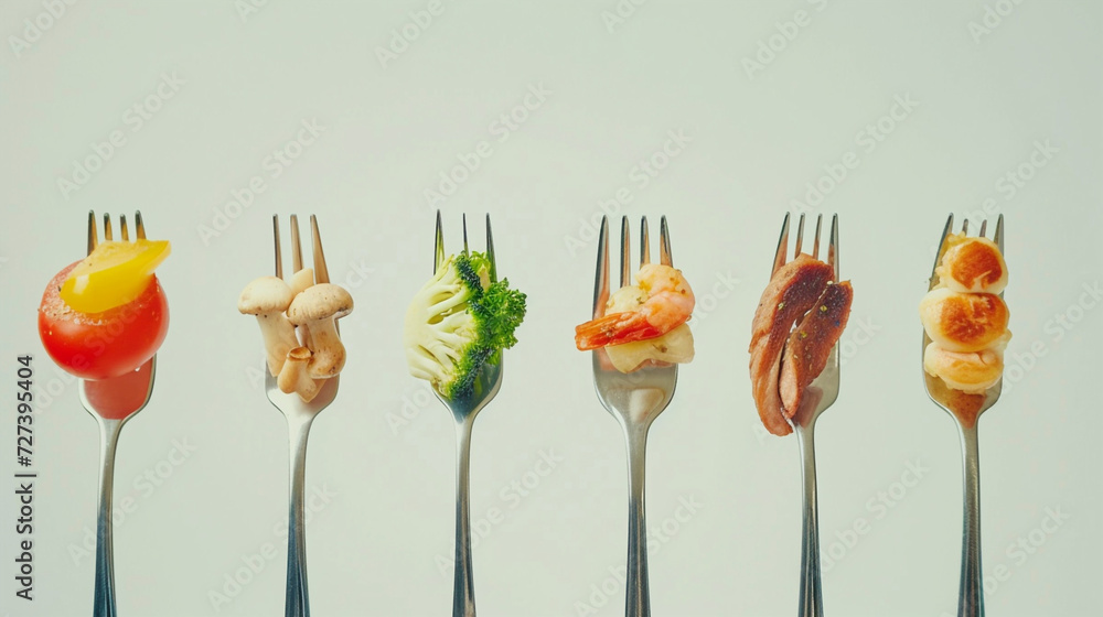 Delightful Assortment of Delectable Delicacies Arranged upon Forks - obrazy, fototapety, plakaty 