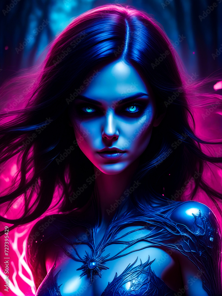 Painting of woman with blue eyes and dark hair with red background. Painting of woman with blue eyes and dark hair with red background.