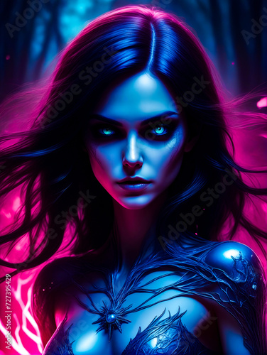 Painting of woman with blue eyes and dark hair with red background.