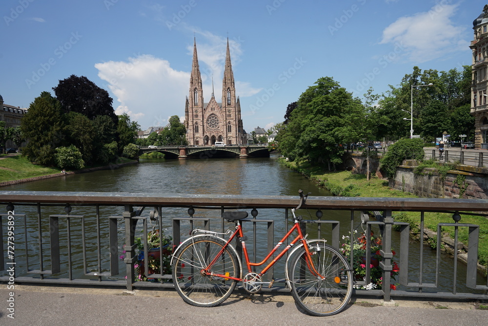 St. Paul's Church, popular landmark near canal in Strasbourg city center, France