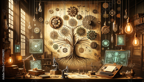 Phylogenetic Tree of Time: A Fusion of Vintage Styles and Modern Technology