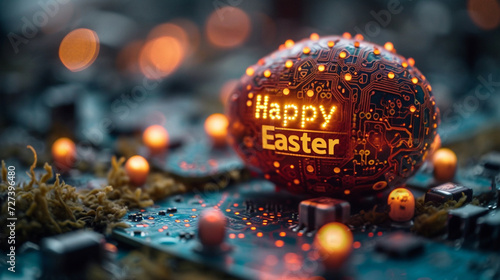 Technological Easter: Easter Eggs with Easter Greetings and Printed Circuit Boards, Symbol of Progress and Technological Future.