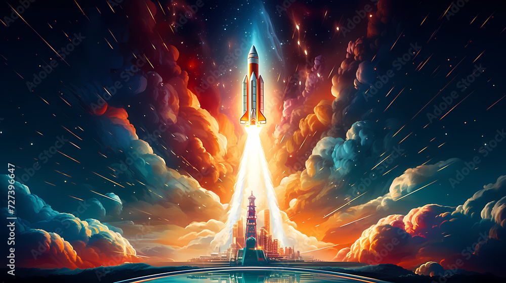 Rocket taking off illustration, symbolizing ambition, innovation and discovery - obrazy, fototapety, plakaty 