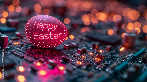 Technological Easter: Easter Eggs with Easter Greetings and Printed Circuit Boards, Symbol of Progress and Technological Future. photo