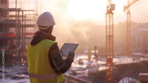 Engineer with a white helmet and yellow vest seen from the side, standing on a construction site roof with cranes, operating a tablet.