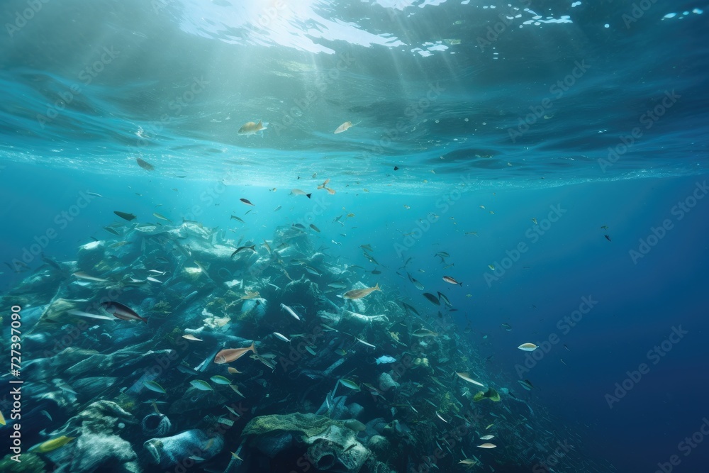 This photo captures the alarming sight of a massive volume of plastic waste adrift on the oceans surface, Underwater view of a pile of garbage in the ocean, 3D rendering, AI Generated