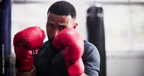 Black man, fighter and boxing gloves in self defense, MMA or martial arts training at gym or dojo. Portrait of Active or serious African male person punching for practice, exercise or indoor workout