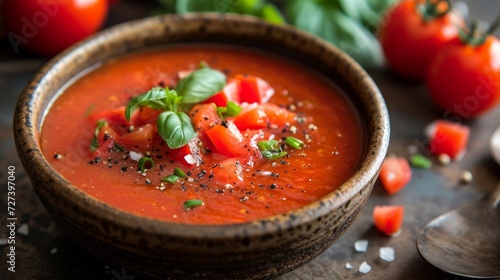 A bowl of vibrant gazpacho, a cold Spanish soup, bursting with the flavors of ripe tomatoes.