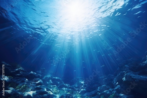 Sunlight Shining Through Clear Ocean Waters  Beautiful Natural Phenomenon  Underwater Ocean - Blue Abyss With Sunlight - Diving And Scuba Background  AI Generated